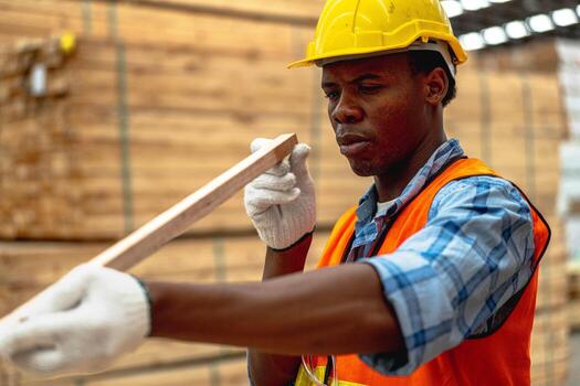 Home african worker carpenter wearing safety uniform and hard hat working and checking the quality of wooden products at workshop manufacturing man and woman workers wood in dark warehouse industry free photo